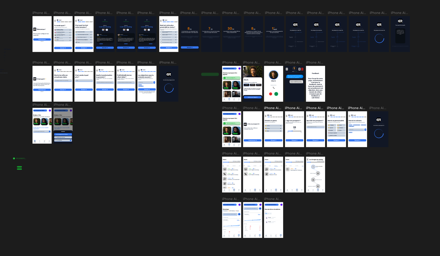 Planche Figma des maquettes de l'app ClosR : onboarding, prospect IA, écran d'appel, feedback, cours