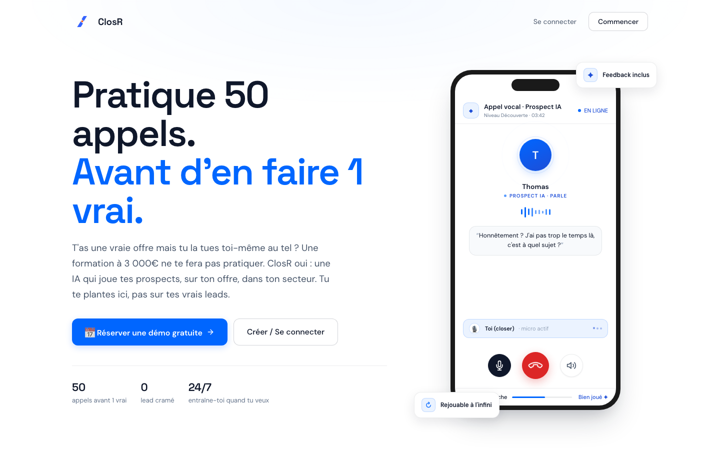 Page d'accueil de closr.fr : pratique 50 appels avant d'en faire 1 vrai
