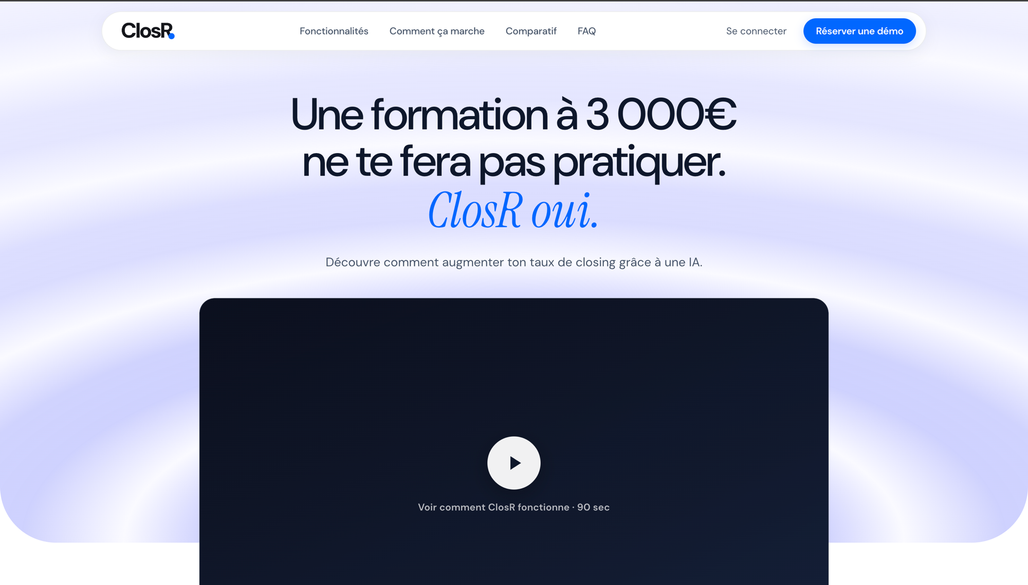 Page d'accueil de closr.fr : pratique 50 appels avant d'en faire 1 vrai